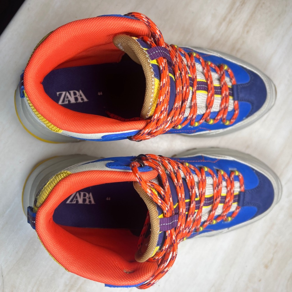 Zara Men's Hiking Boots High Top Lace Up Size 44 Blue Orange Yellow Chunky Sole - Picture 5 of 12